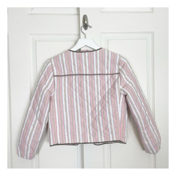 Boden Embroidered Striped Quilted Jacket Crop Length Beaded Pink White Sz XS - Picture 8 of 13